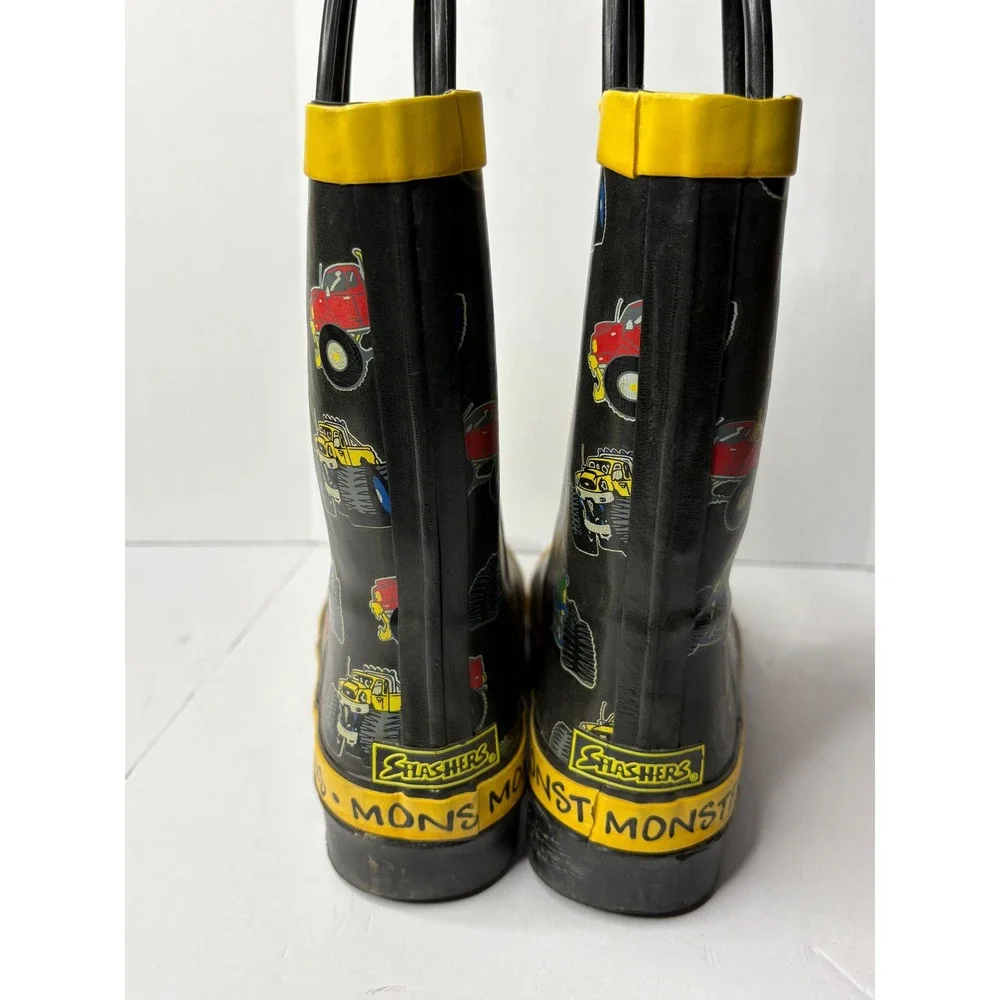 Splashers Kids Monster Trucks Black Yellow Rubber‎ Rain Boots Size 3 Pull On